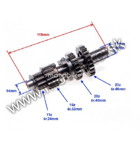 Prevodovka Pitbike 110, 125 spojková hriadeľ